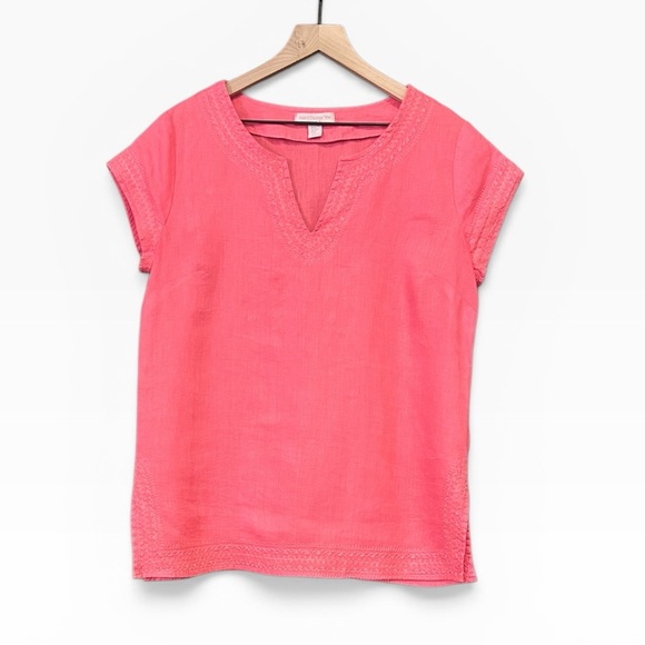 St. Tropez Tops - St. Tropez West 100% Linen Short Sleeve Top Pink Embroidered Size Medium